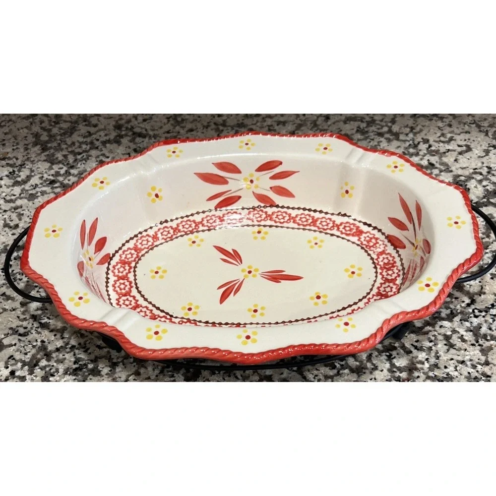 New Temp-tations Old World Red Oval Baking Dish 1.5 qt Casserole Dish W/Rack 13